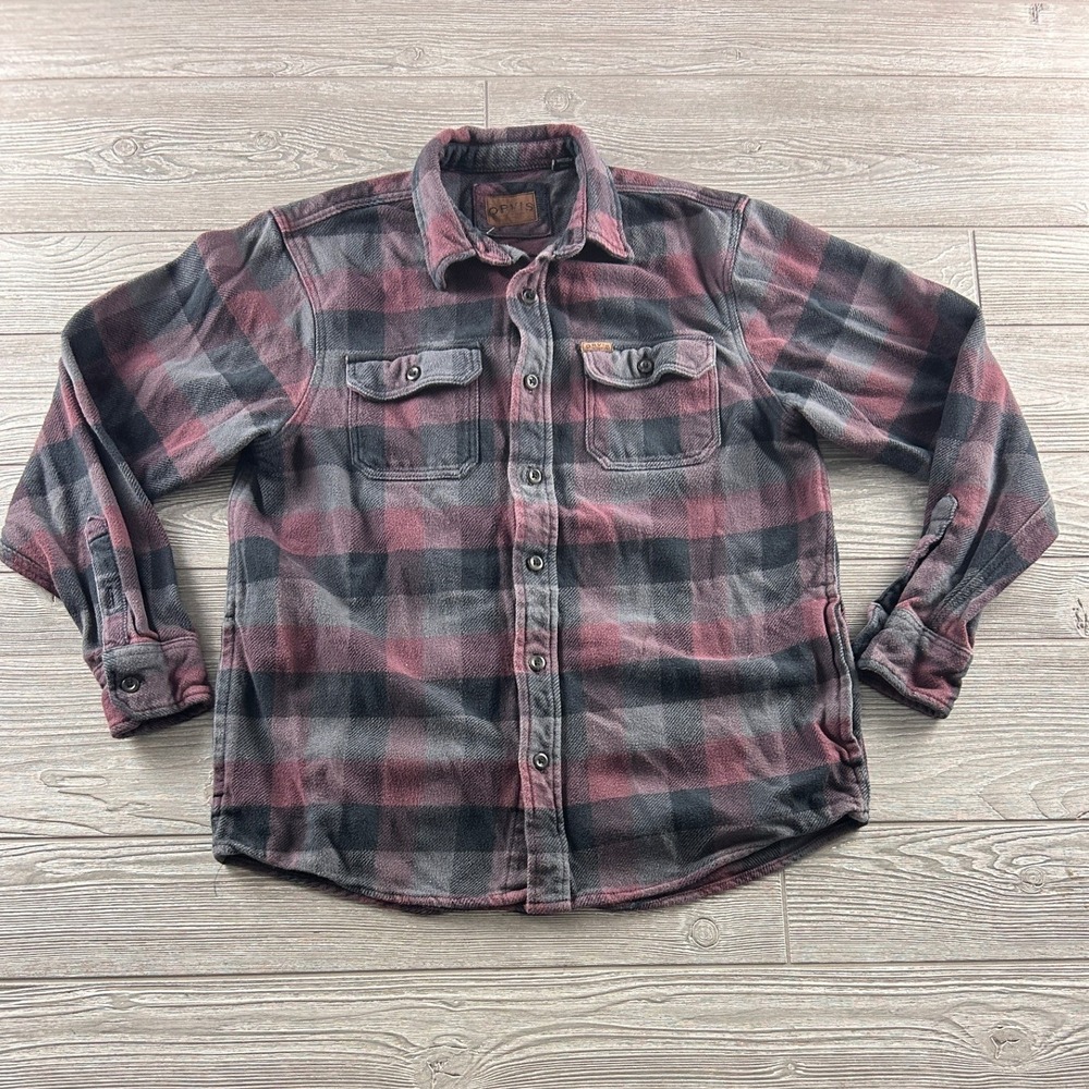 Orvis Classic Collection Mens Maroon Grey Plaid Cotton Flannel Shirt Medium